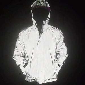 100% Polyester Coated Stand Collar <b>Reflective</b> Hood Zip OEM Custom Logo Wholesale 3M Windbreaker Mens Bomber <b>Jacket</b> - Product Image 3