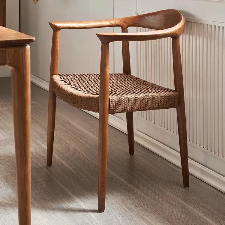 Solid Wood Braided Rope Seat Solid Wood Legs Chair Hotel Cafe Restaurant Wooden President Arm Dining Chair