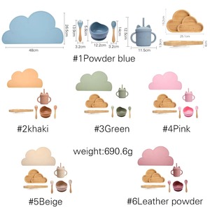 Juegos de alimentación para bebés <span class=keywords><strong>6</strong></span> en 1, juego de comedor para bebés, mantel de mesa de silicona, plato, cuenco, cuchara, tenedor, taza para sorber, <span class=keywords><strong>vajilla</strong></span> en la nube - Product Image 6