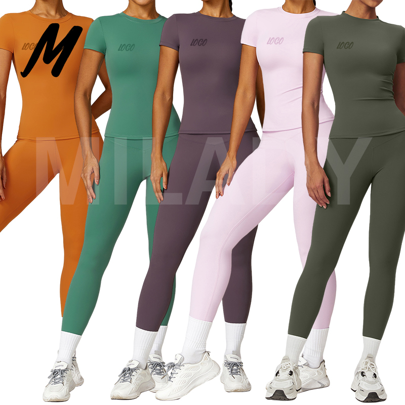 Nylon High Elastic Spring T-Shirt Quick-Drying Yoga Wear Short-Sleeved Fitness Top Blouse Leggings Two-Piece Set Women Clothing