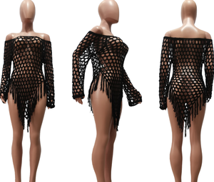 STOCK 5 couleurs hors épaule évider robe à la main Crochet plage couvrir franges voir à travers Caftan - Product Image 4