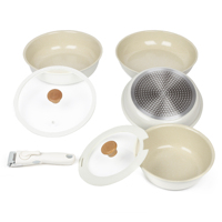 Set Peralatan Masak Keramik Anti Lengket 7 Buah Warna Krem Putih, Panci dan Wajan Aluminium Tempa dengan Gagang Lepas Pasang Ramah Lingkungan