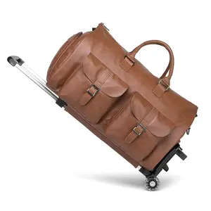 Bolsas de ropa de lona personalizadas para viaje con bolsa para zapatos, bolsa de transporte, bolsas de fin de semana con ruedas rodantes para hombres y mujeres, marrón
