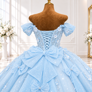 Lsdz023-Pz Radiant Aqua <b>Blue</b> Scalloped Sweetheart Cascading Pearl Vine Starlight Mesh <b>Ball</b> <b>Gown</b> Quinceanera Dress Jancemebr - Product Image 6