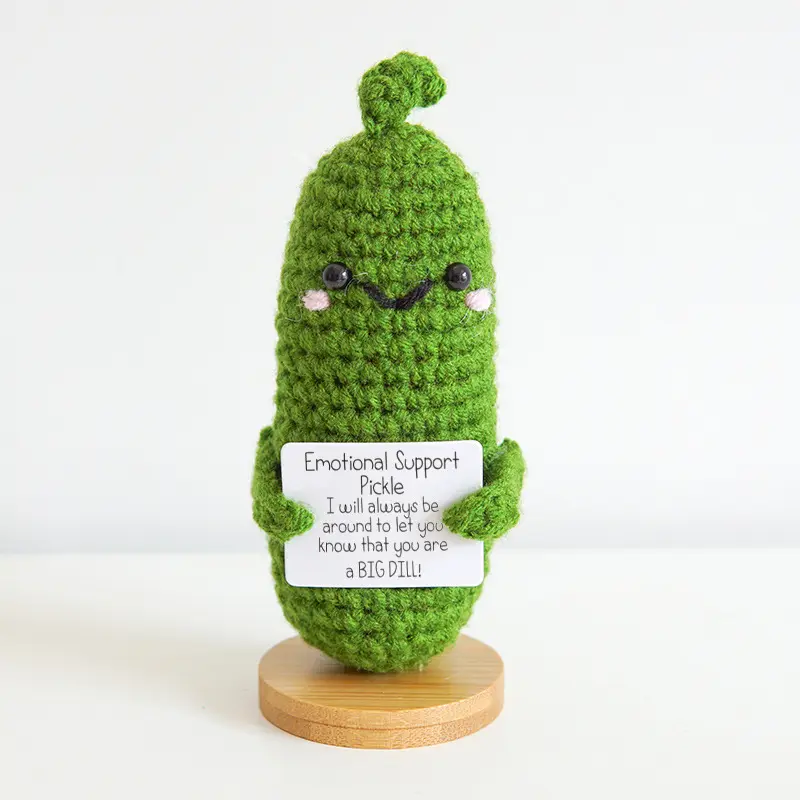 New Creative Crochet Pickles Emotional Support Pickle Handmade Crochet Food Plush with Positive Cards Personalized Crochet Gifts