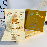 Carte de vœux 3D créative en papier style Palais Européen avec feuille d'or, bougie, gâteau d'anniversaire, lumière musicale et motif ajouré pour fête