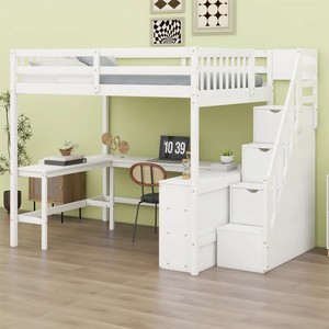 <span class=keywords><strong>Lit</strong></span> mezzanine moderne avec bureau <span class=keywords><strong>en</strong></span> L intégré et étagères de rangement à trois niveaux, escalier de rangement pour chambre à coucher - Product Image 4