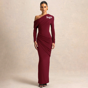 Abito Elegante da Donna a Maniche Lunghe, Monospalla Drappeggiato, Aderente, con Logo Personalizzato - Product Image 1