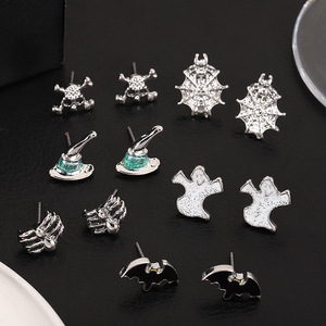 Set de Pendientes de Halloween con Calaveras, Arañas, Fantasmas y Murciélagos, de Aleación de Zinc, Joyería de Moda para Fiestas, con Poste de Acero Inoxidable - Product Image 1