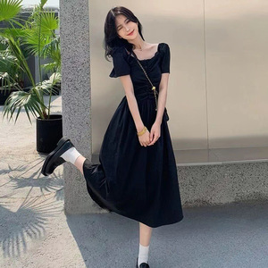 Korean Style French Retro Backless Dress Women's Slim Long Dress Square Collar Empire Waist Daily Casual Breathable Splicing - Product Image 1