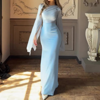 Robe de soirée personnalisée de créateur automne tempérament col rond taille haute coupe ajustée Robe de soirée longue à manches longues