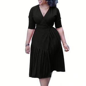 Nouvelle <span class=keywords><strong>vente</strong></span> chaude, robe plissée pour femmes, col en V, robe à bouton unique, robe de bureau pour femme, manches mi-longues, robe midi, grande taille - Product Image 3