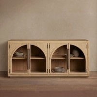 Buffet d'entrée de luxe en chêne américain moderne, meuble TV 4 portes avec verre cintrée, credenza authentique en bois massif