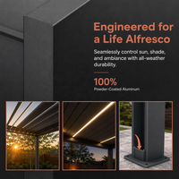 Pergola intelligente à lames orientables effet bois, pergola extérieure motorisée en aluminium équipée d'un éclairage RGB contrôlé par application et d'un capteur de pluie