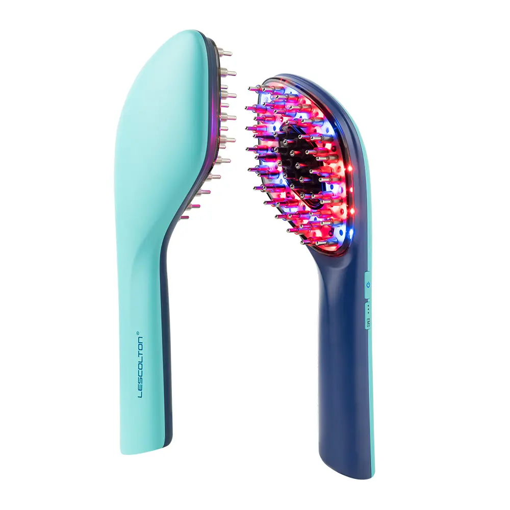 Lescolton Led rojo azul cepillo para el crecimiento del cabello uso en el hogar Anti pérdida de cabello vibración masaje peine rojo luz azul Dispositivo de terapia de luz