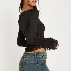 Camiseta de Manga Larga para Mujer, Estilo Patchwork, Color Sólido, Tejido de Ganchillo, Corte Ajustado, Cuello Redondo, Estilo Europeo, Nueva Colección de Primavera - Product Image 2