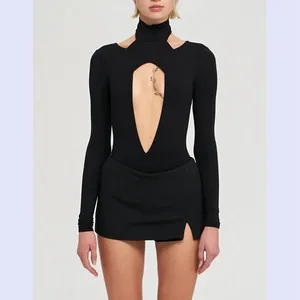 Channel 2023 Fashion Spring Fall Cut Out Long Sleeve Sexy Turtle Neck Thong Leotard Bodysuit Top For Women