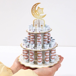 แท่นวางเงินอีดมูบาร็อค รูปพระจันทร์และดาวสีทอง หลายชั้น ทำจากกระดาษ สำหรับงานปาร์ตี้ ของขวัญเงินอิสลาม พร้อมลวดลายประณีต - Product Image 1