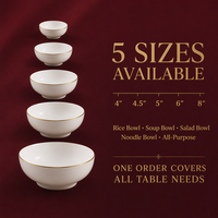 Lot de bols en porcelaine fine avec bord doré, 5 tailles (4-8 pouces), personnalisable OEM pour hôtels, restaurants, mariages et services de traiteur