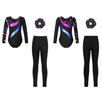 Ensemble justaucorps et leggings de gymnastique pour filles, manches longues, imprimé licorne, strass, rayures métalliques, tenue de danse avec chouchou personnalisé