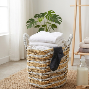 Two Tone Natural Straw Woven Storage Basket Eco Friendly Rattan Planter Pot Cover Laundry <b>Hamper</b> With Handles For Home Decor - Product Image 6