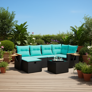 Set di divani da patio in polyrattan nero con cuscini, eleganti mobili da esterno, 7 pezzi - Product Image 2