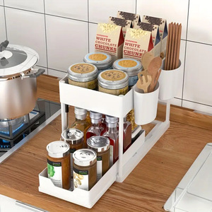 Étagère de rangement double couche avec <span class=keywords><strong>tiroir</strong></span>, paniers de cuisine extractibles avec crochets pour salle de bain - Product Image 3