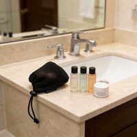 Sac de rangement cosmétique en maille épaisse noire avec cordon de serrage, fermeture à bouton et étiquette personnalisée