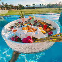 Plateau flottant rond en rotin de luxe personnalisé Lakuna pour le brunch, le petit-déjeuner, la piscine, plateau flottant pour servir des aliments et du thé