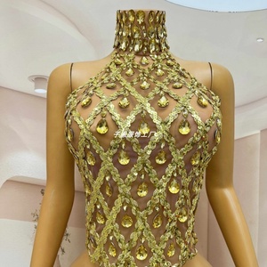 High Quality Blingbling <strong>Rhinestones</strong> Sexy Transparent <strong>Mesh</strong> Bandage Backless Halter Casual Floral Short Tank <strong>Top</strong> Women Evening - Product Image 5