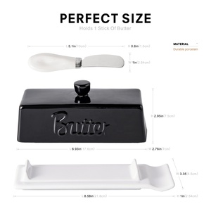 Beurrier en porcelaine noire de luxe avec couteau, récipient de rangement pour le fromage, compatible lave-vaisselle, design moderne, motif végétal pour restaurant - Product Image 2