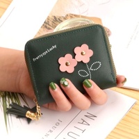 Dompet Pendek Bunga Lucu Baru Wanita Mini Rumbai Resleting PU Tahan Lama Multifungsi Tempat Koin
