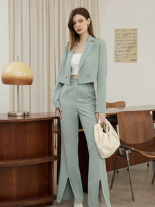 Nuevos pantalones <span class=keywords><strong>de</strong></span> <span class=keywords><strong>vestir</strong></span> <span class=keywords><strong>de</strong></span> pierna ancha <span class=keywords><strong>de</strong></span> negocios, pantalones elegantes <span class=keywords><strong>de</strong></span> cintura alta para mujer, pantalones divididos elegantes, pantalones largos verdes guisantes - Product Image 2