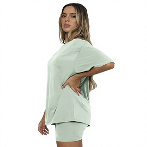Women's <b>2</b>-<b>Piece</b> Shorts Set Solid Mint Green Knitted Regular Fit T-Shirt Above-Knee Casual <b>Summer</b> <b>Outfit</b> Breathable Eco-Friendly - Product Image 3