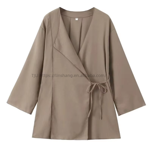Ensemble décontracté 2 pièces pour femme : Kimono en toile de lin uni à croisement frontal et pantalon – Tendance - Product Image 5