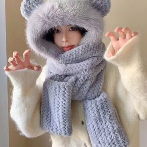 Femmes mignon doux en peluche hiver accessoires ensemble épais chaud longues mitaines à capuche Logo personnalisé brodé écharpe gants tricot - Product Image 3