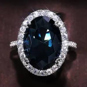 New Arrival Ring Elegant Egg-shaped Peacock Blue Zircon Anniversary Female Gift Luxury Jewelry for Women Wholesale