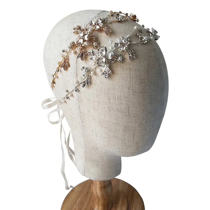 Amelie Handmade Wedding Headpiece Ngọc Trai Nước Ngọt Và Rhinestone Cô Dâu Tóc Vine Phụ Kiện Phụ Nữ Băng Đô