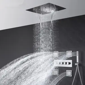 Bathroom Chrome Ceiling Mounted Concealed 4 Function Thermostatic Showers Diverter Set Rain Shower System with Body Jets