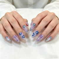 24 faux ongles en améthyste galaxie, taille moyenne, forme amande, peints à la main, fleurs bleues et étoiles, réutilisables, effet féerique rêveur