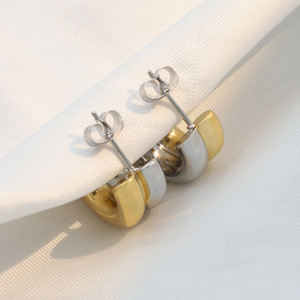 Trendy Two-Tone C-Shaped Huggie Earrings Geometric Stainless Steel For Women - Product Image 2