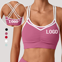 Soutien-gorge de sport effet seconde peau à bretelles réglables, double couche, dos croisé, plissé, color block, pour la gym et le yoga