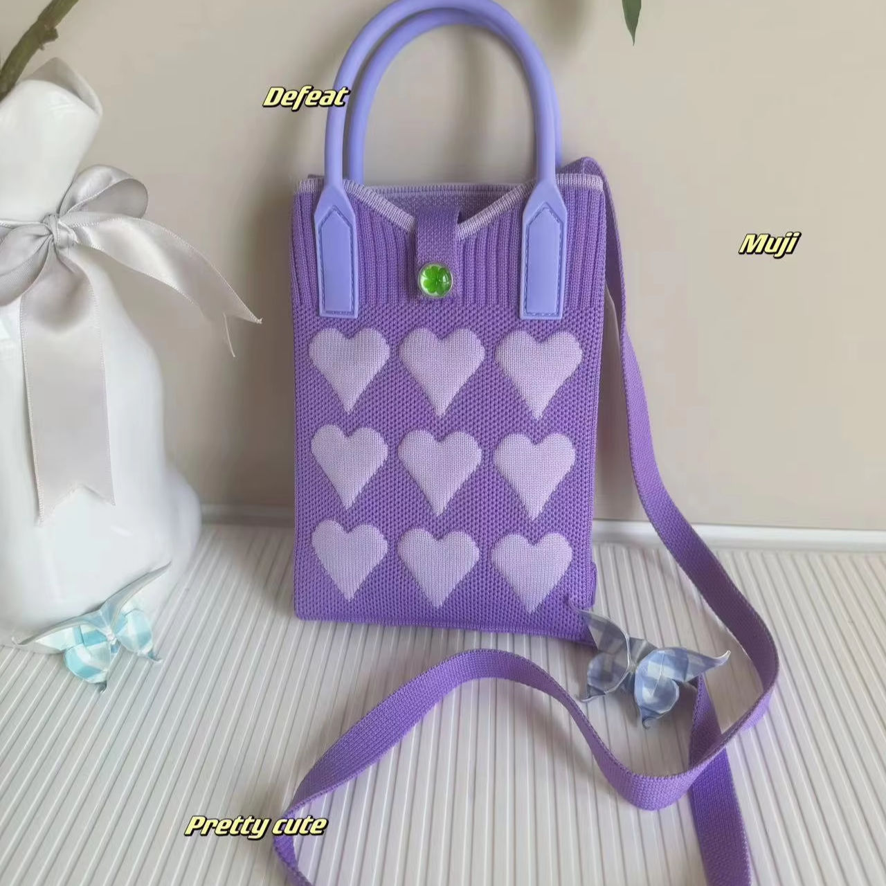 Korean Fashion Hand Knitting Pink Heart Mini Phone Bag High Quality Student  Crochet Coin Purse Cute Girls Messenger Bag