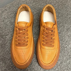 Chaussures décontractées en cuir rétro pour hommes, couleur unie marron, lacets sur le devant, talon moyen, chaussures bateau - Product Image 2