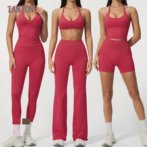 Custom Logo Front Halter Tank Tops High Waist Flare Yoga Pants 6-Piece Fitness Set Quick Dry Outdoor Sports <b>Bra</b> Plus Size - Product Image 3