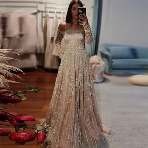 Abito da sera nudo Dubai di lusso 2023 elegante con spalle scoperte maniche lunghe arabo lilla abiti da sposa da donna Sz489-2