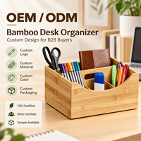 Organisateur de bureau en bambou et organisateur de livres pour bureau, boîte de rangement de papeterie en bois à 4 compartiments avec poignée de transport
