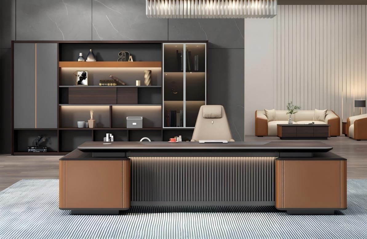 Legno affumicato + grigio simile alla pelle + arancione con texture in pelle