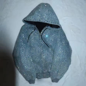 Op maat gemaakte jas met strass steentjes, heren crystal streetwear oversized baggy applicatie patch, heren rits denim hoodie - Product Image 4
