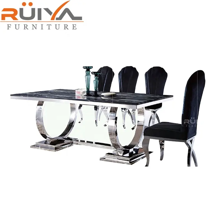 Migliore vendita fabbrica di Foshan Nuovo design moderno piano in marmo in acciaio inox tavolo da pranzo e sedie 8